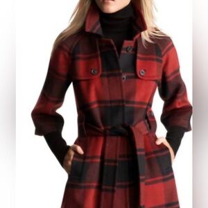 GAP Red and Black Plaid Wool Belted Coat